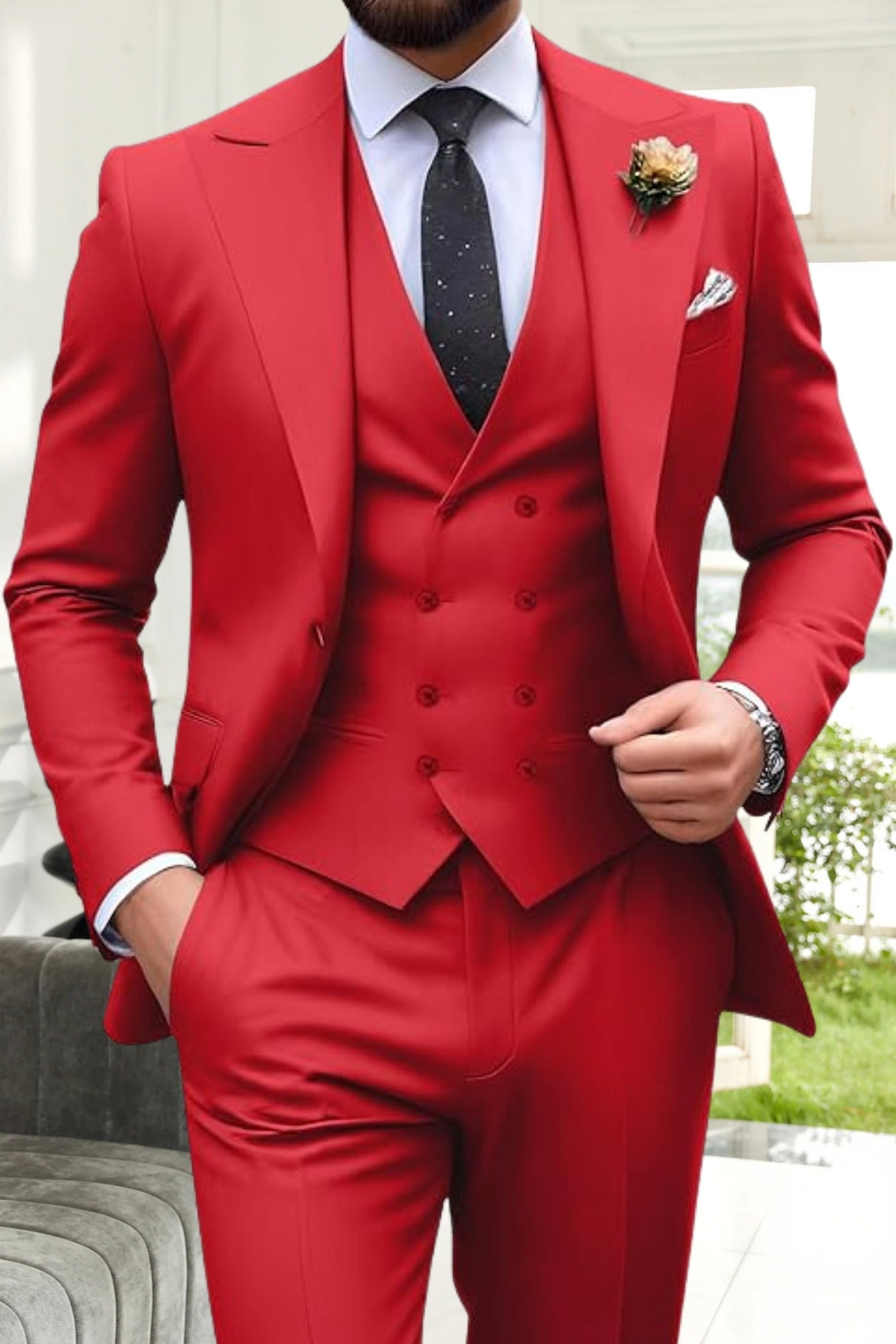 Roveri -Abiti da Uomo Slim Fit a 3 Pezzi con Revers a Punta