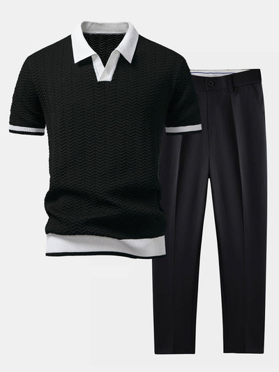 POLO A V IN MAGLIA CON CONTRASTO DI TEXTURE & PANTALONI SLIM FIT