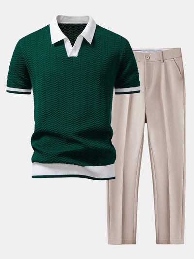 POLO A V IN MAGLIA CON CONTRASTO DI TEXTURE & PANTALONI SLIM FIT