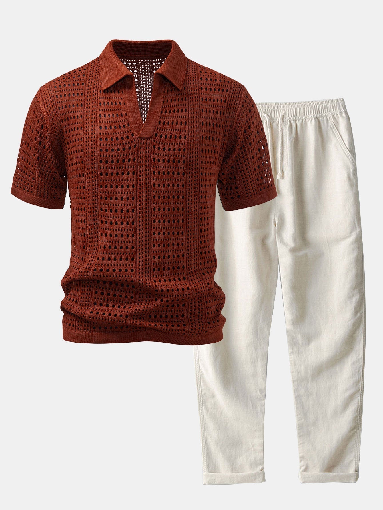 POLO A V IN CROCHET & PANTALONI IN LINO CON GAMBA DRITTA
