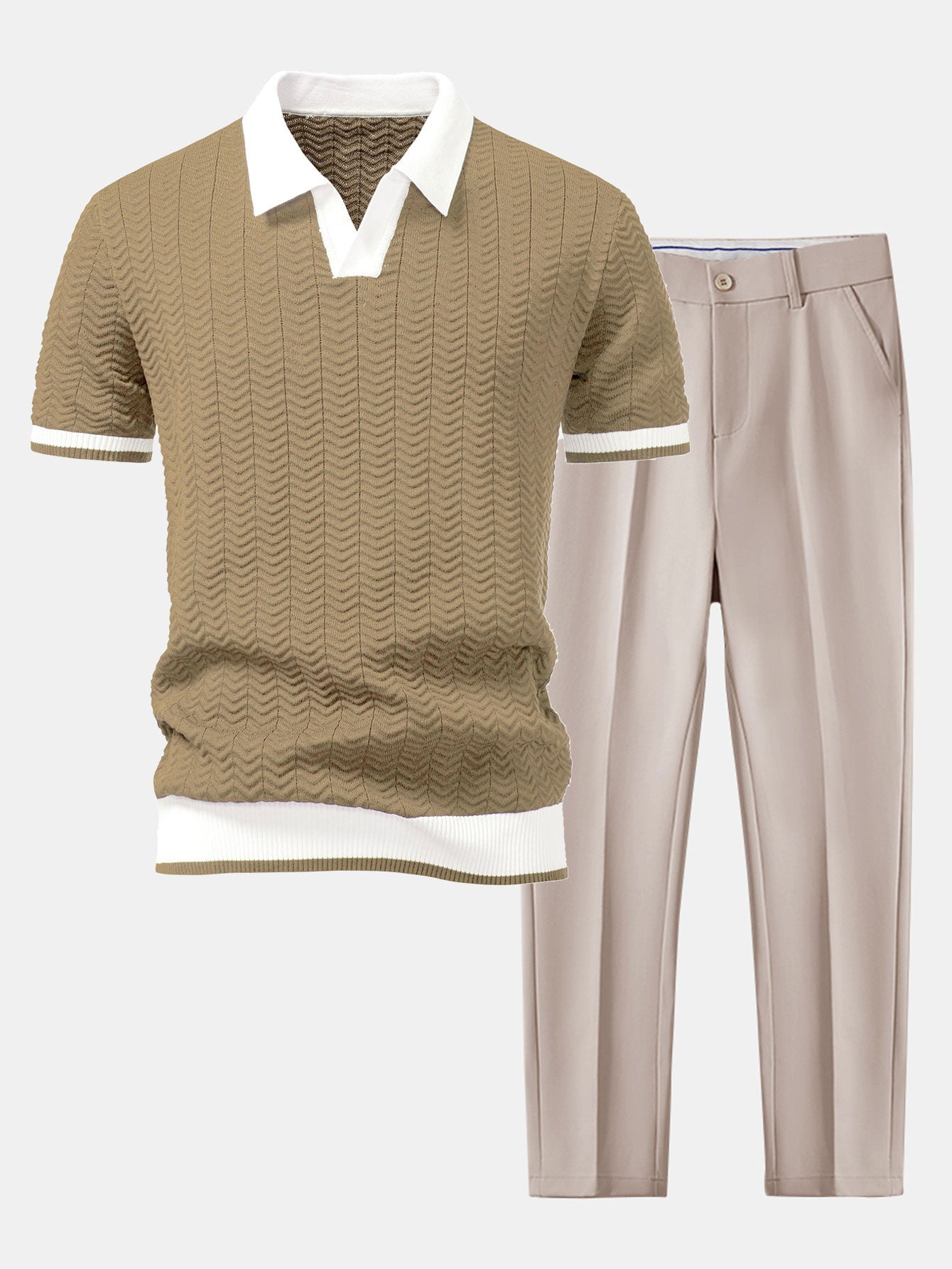 POLO A V IN MAGLIA CON CONTRASTO DI TEXTURE & PANTALONI SLIM FIT