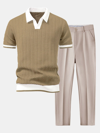 POLO A V IN MAGLIA CON CONTRASTO DI TEXTURE & PANTALONI SLIM FIT