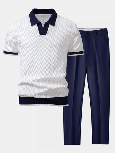 POLO A V IN MAGLIA CON CONTRASTO DI TEXTURE & PANTALONI SLIM FIT