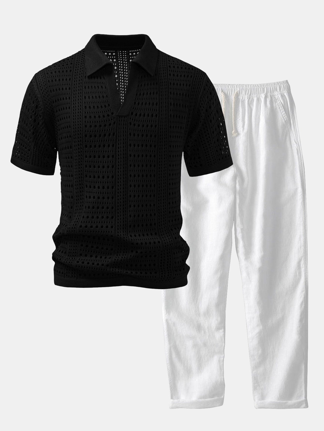 POLO A V IN CROCHET & PANTALONI IN LINO CON GAMBA DRITTA