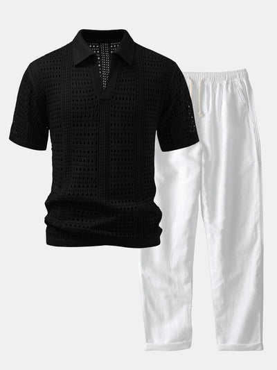 POLO A V IN CROCHET & PANTALONI IN LINO CON GAMBA DRITTA