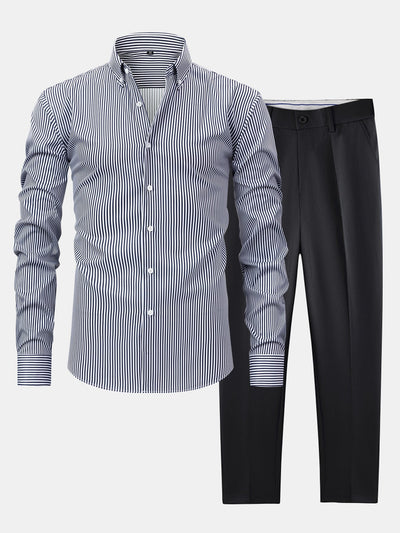 CAMICIA A MANICHE LUNGHE A RIGHE CON BOTTONI & PANTALONI SLIM FIT A GAMBA AFFUSOLATA